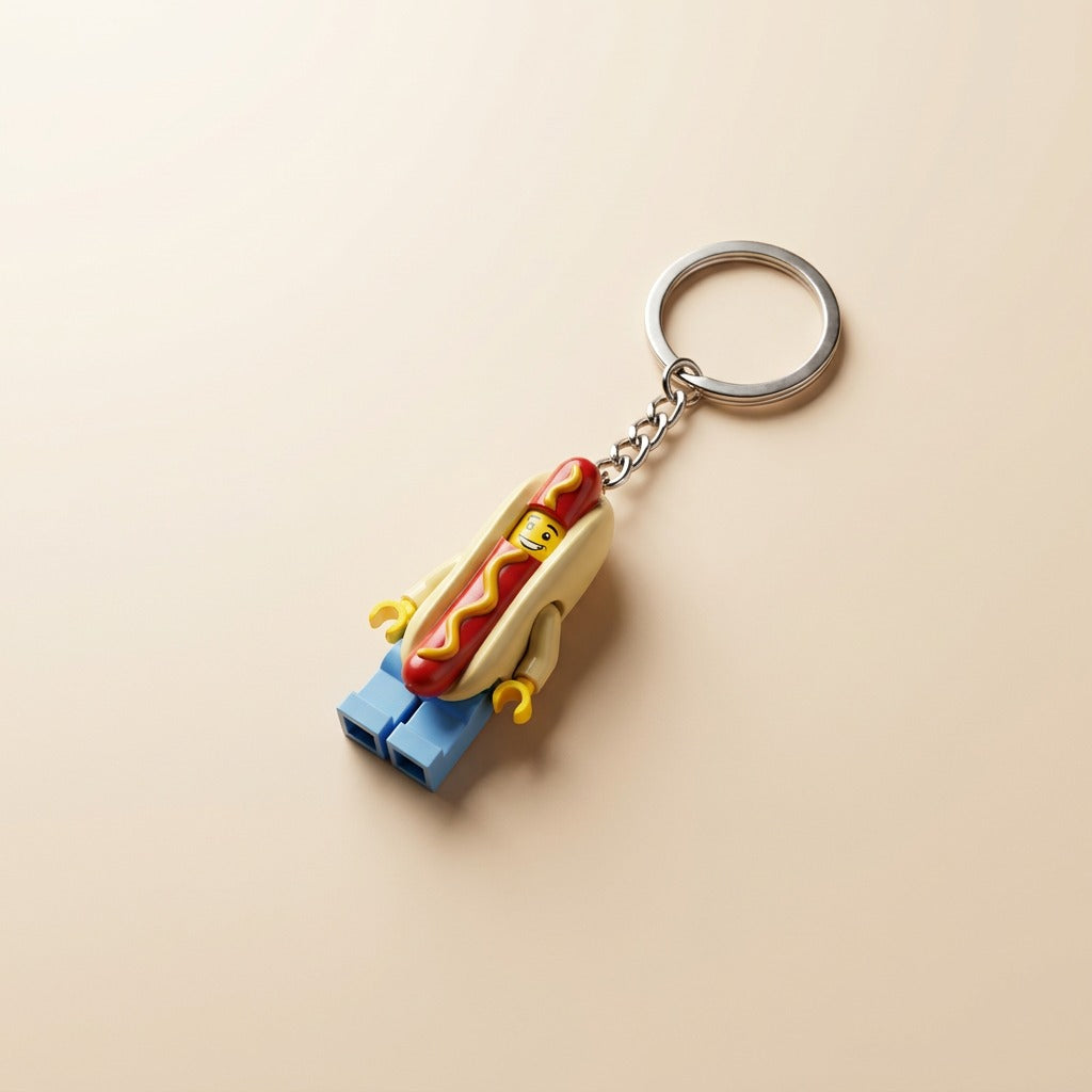 Hot Dog Suit Mini Figure Keychain – Novelty Hot Dog Costume Guy Keyring & Bag Charm