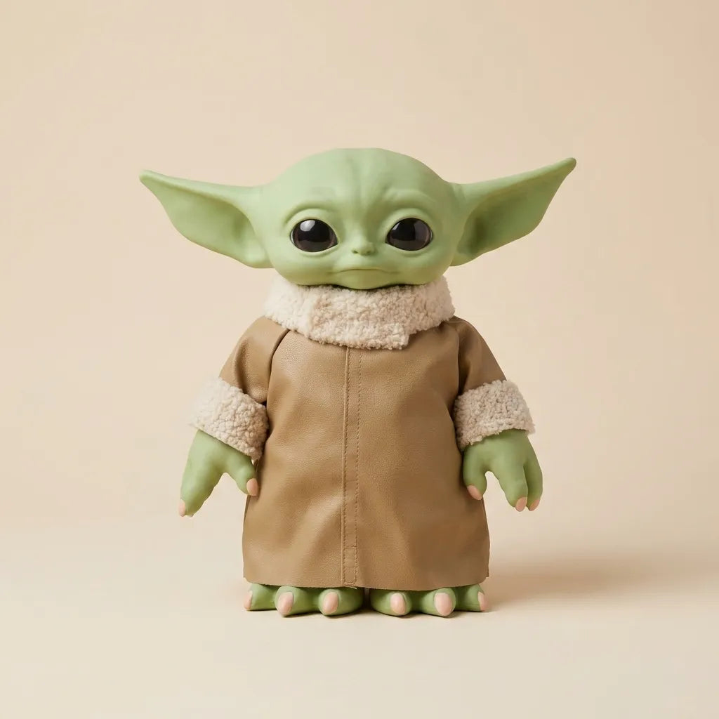 A collectible figurine of Grogu / The Child from The Mandalorian, featuring green skin, large black eyes, and a tan robe with cream sherpa lining, set against a solid beige background.