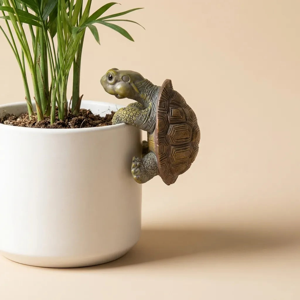A decorative tortoise figurine with a textured brown shell and olive-green head/claws, mounted on the side of a white planter pot containing green plant stems, set against a warm beige background.