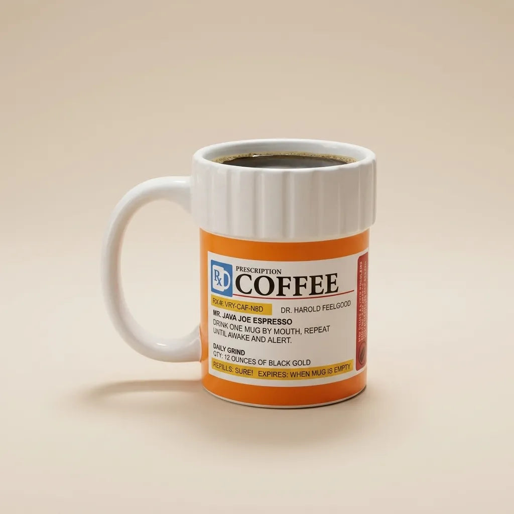 A white ceramic coffee mug with a handle, filled with black coffee, featuring a retro orange and white label styled like a prescription bottle. The mug is set against a solid, warm beige background.