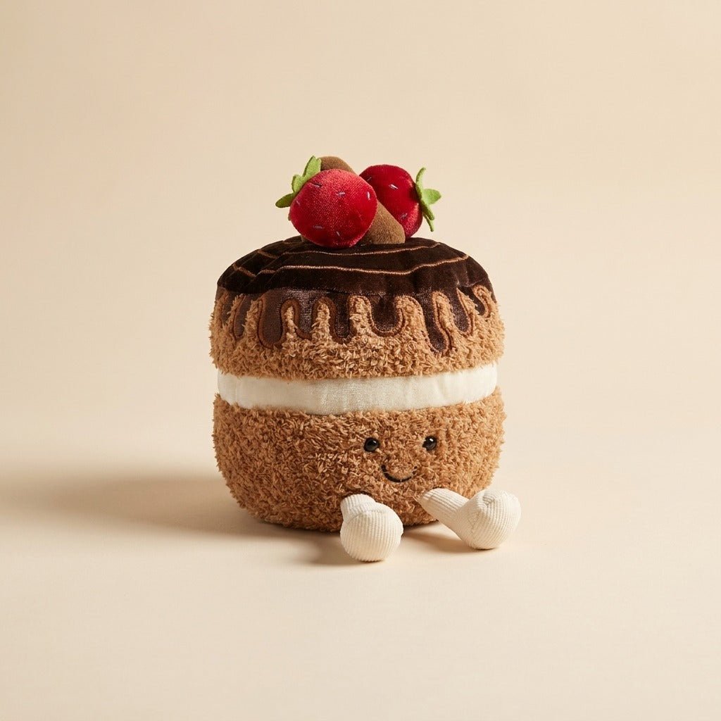 Cute Chocolate Strawberry Cake Plush Toy – Fluffy Amuseable Food Plushie & Desk Decor - 25 cm - Pinky Promise