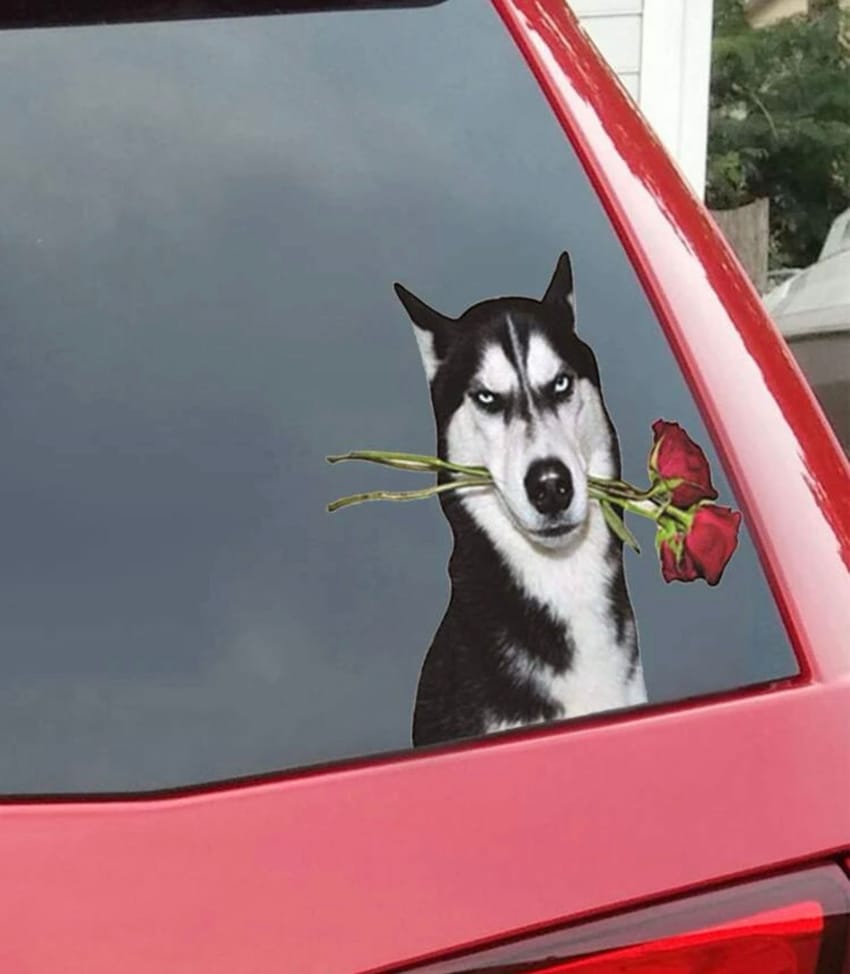 Buy dog holding roses car sticker at Pinky Promise