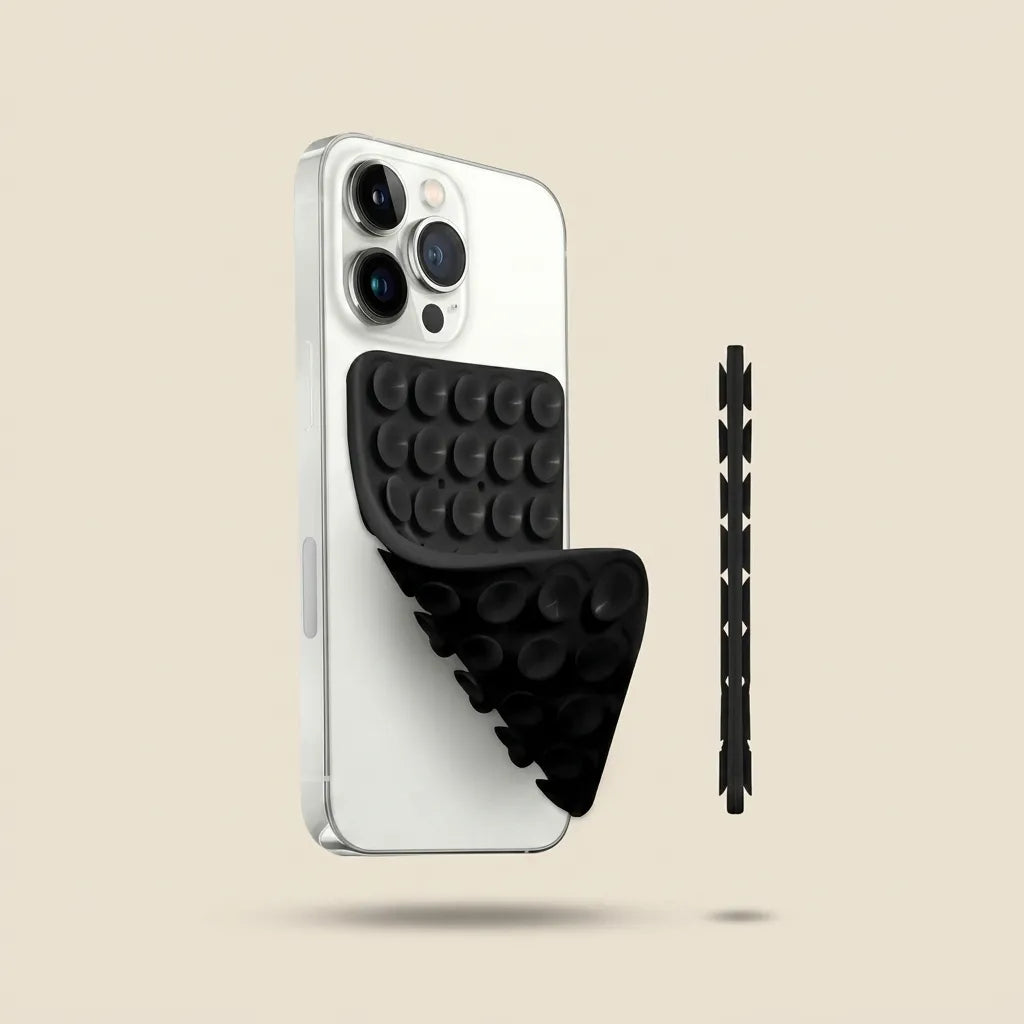 A clear smartphone case with a black textured suction-stick style accessory attached to the back, shown floating on a plain warm beige background. A second detached black piece floats to the right, and the phone itself is visible through the transparent case.