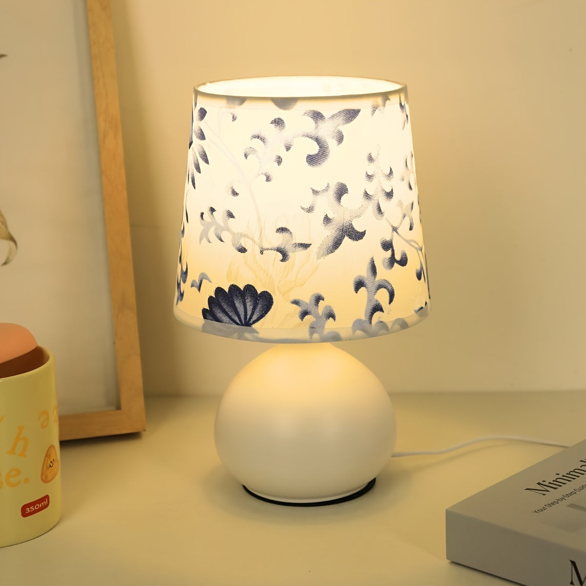 Floral blue and white table Lamp - Close Up | Pinky Promise