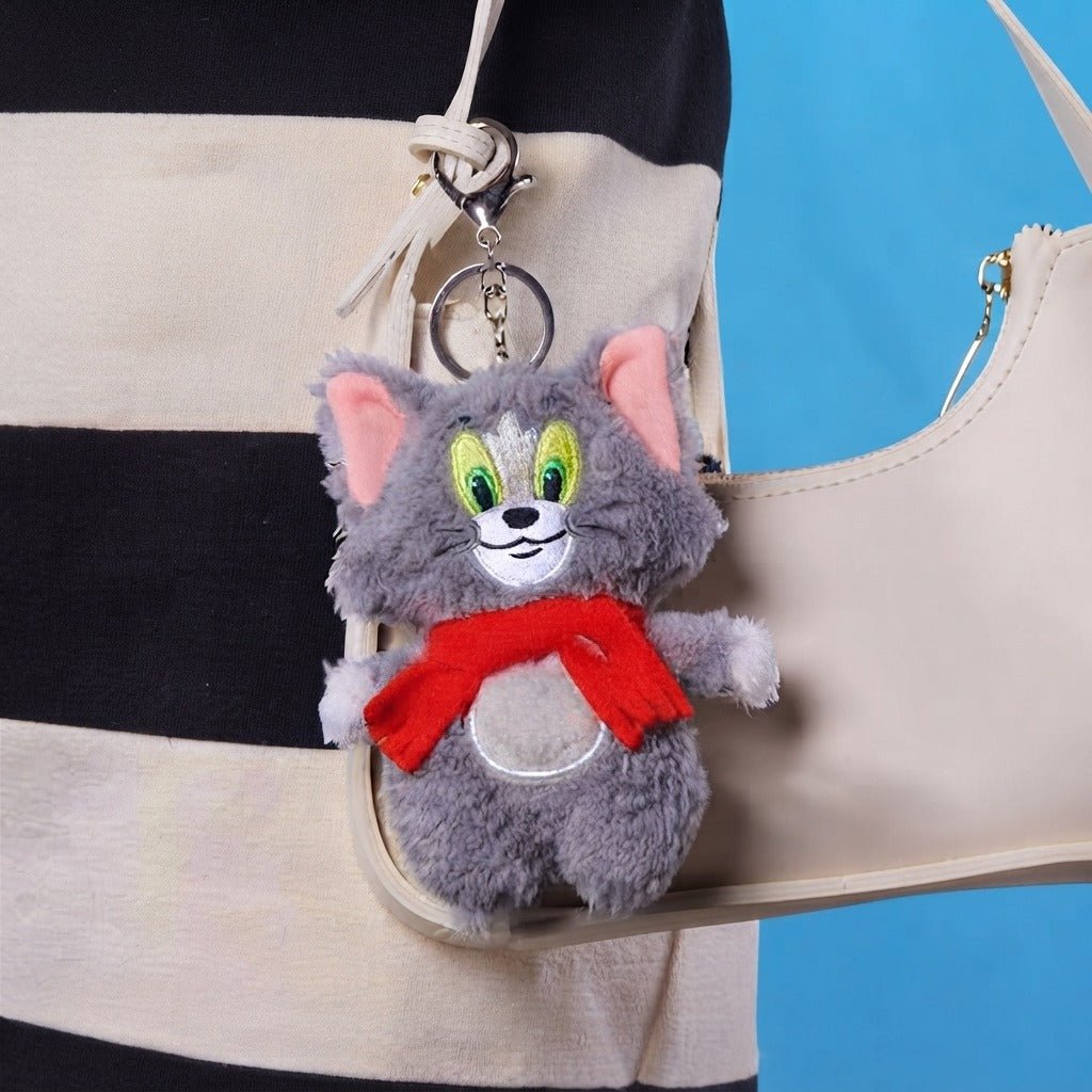 Fluffy Grey Cat and Mouse Plush Keychain Tom with Red Scarf - 12 CM - Pinky Promise