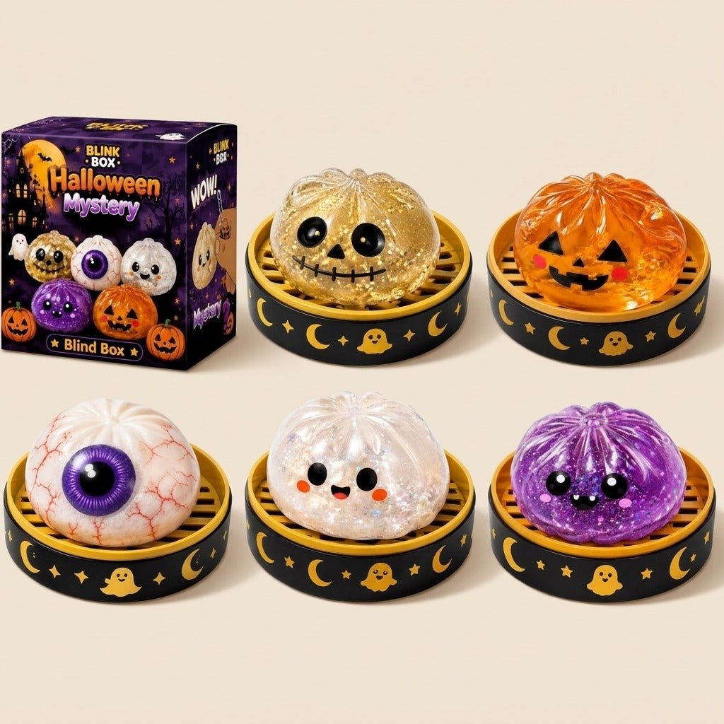 Glitter Dumpling Squishy Toy Halloween Edition blind box packaging, featuring a cute and stretchy novelty stress toy with sparkly glitter filling.