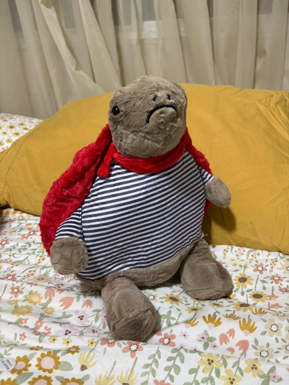 Grumpy Superhero Turtle Plush Toy – Striped Shirt & Red Cape
 - 30 cm | Pinky Promise