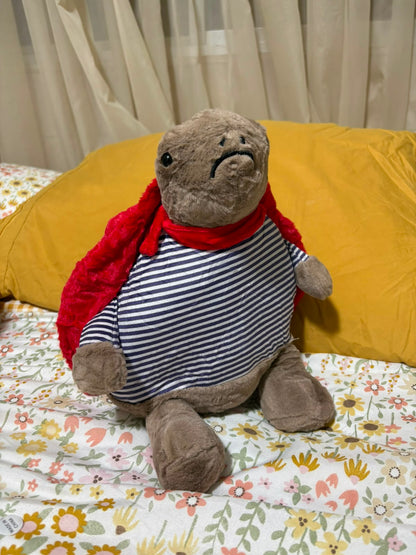 Grumpy Superhero Turtle Plush Toy – Striped Shirt & Red Cape
 - 30 cm | Pinky Promise