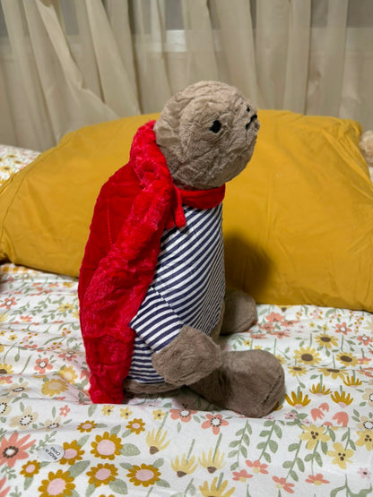 Grumpy Superhero Turtle Plush Toy – Striped Shirt & Red Cape
 - 30 cm - Close Up | Pinky Promise