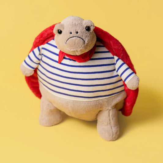 Buy Grumpy Superhero Turtle Plush Toy – Striped Shirt & Red Cape
 - 30 cm at Pinky Promise