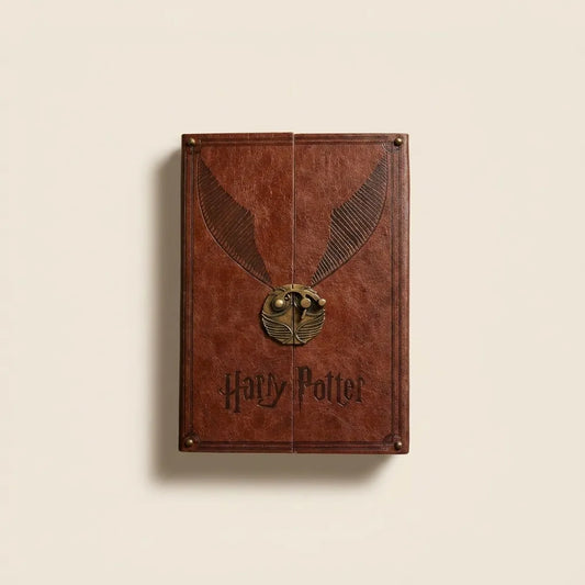 A brown faux-leather Harry Potter book-style box or journal cover with an embossed golden snitch design and the 'Harry Potter' title near the bottom, shown against a plain light beige background.