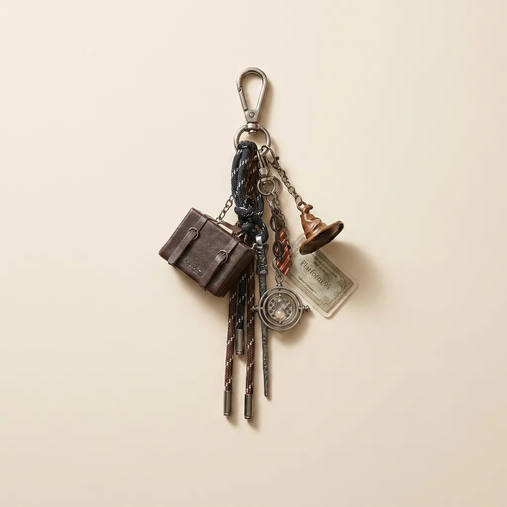A vintage-style keychain charm set featuring miniature accessories including a brown briefcase, a small bell, a compass, a ticket, and patterned keys, hanging from a silver carabiner on a warm beige background.