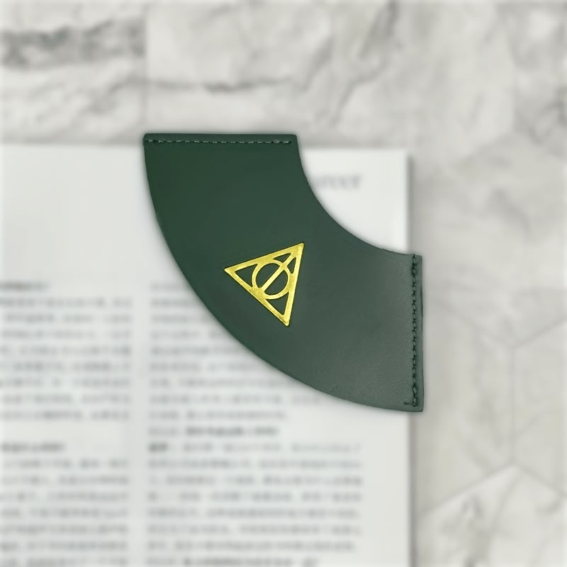 Harry Potter Leather Corner Bookmark – Green & Gold Deathly Hallows Book Marker | Pinky Promise