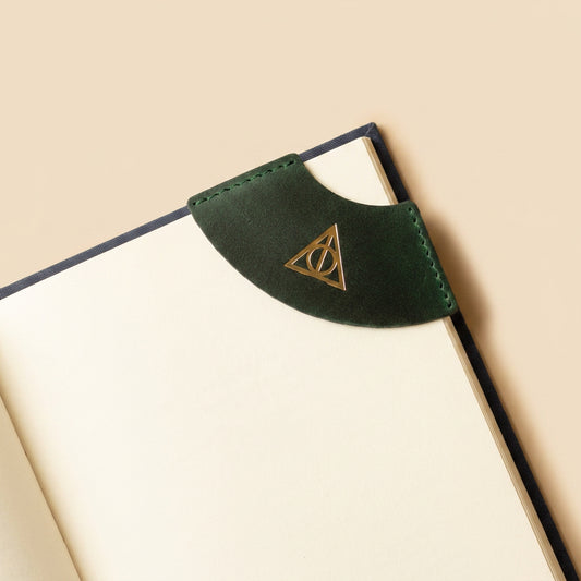 Buy Harry Potter Leather Corner Bookmark – Green & Gold Deathly Hallows Book Marker at Pinky Promise