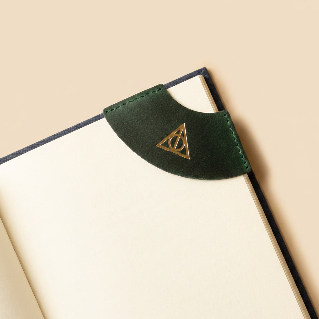Buy Harry Potter Leather Corner Bookmark – Green & Gold Deathly Hallows Book Marker at Pinky Promise
