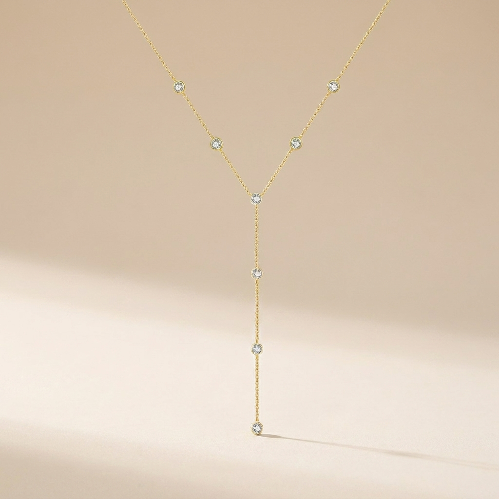 Lariat Diamond-Style Drop Necklace – 925 Sterling Silver, Gold Plated