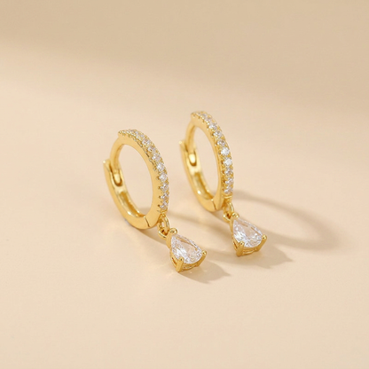 Pavé Huggie Hoop Earrings with Teardrop Charm - Gold Plated 925 Sterling Silver