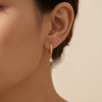 Pavé Huggie Hoop Earrings with Teardrop Charm - Gold Plated 925 Sterling Silver