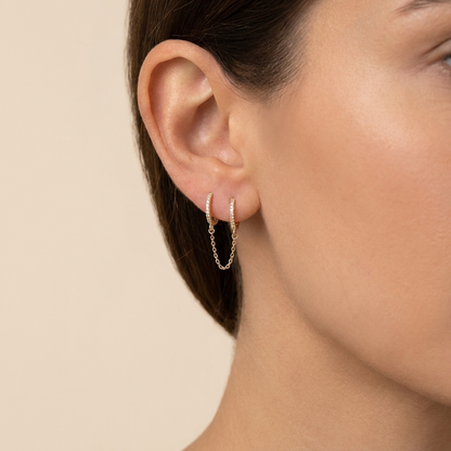 Chain Linked Double Huggie Hoop Earrings - Gold Plated 925 Sterling Silver