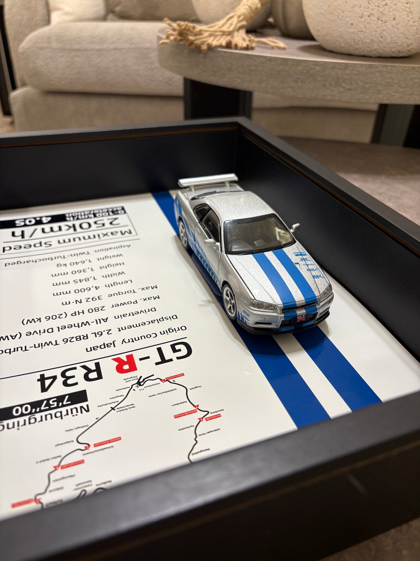 JDM Legend: Nissan Skyline GT-R R34 Framed Diecast Art – Nürburgring Edition – 32cm x 23cm - Close Up | Pinky Promise