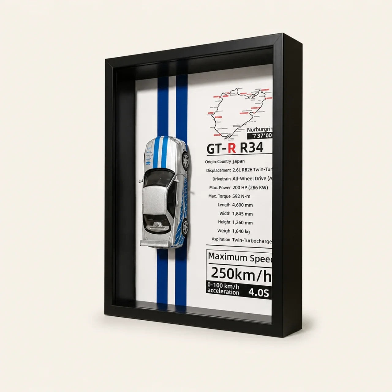 Buy JDM Legend: Nissan Skyline GT-R R34 Framed Diecast Art – Nürburgring Edition – 32cm x 23cm at Pinky Promise