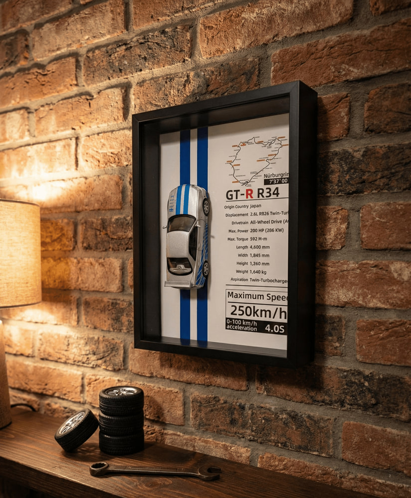JDM Legend: Nissan Skyline GT-R R34 Framed Diecast Art – Nürburgring Edition – 32cm x 23cm | Pinky Promise