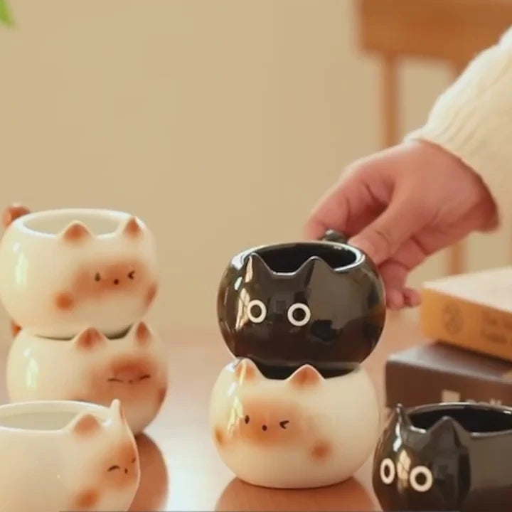 Kawaii Chubby Cat Ceramic Mugs - Close Up | Pinky Promise