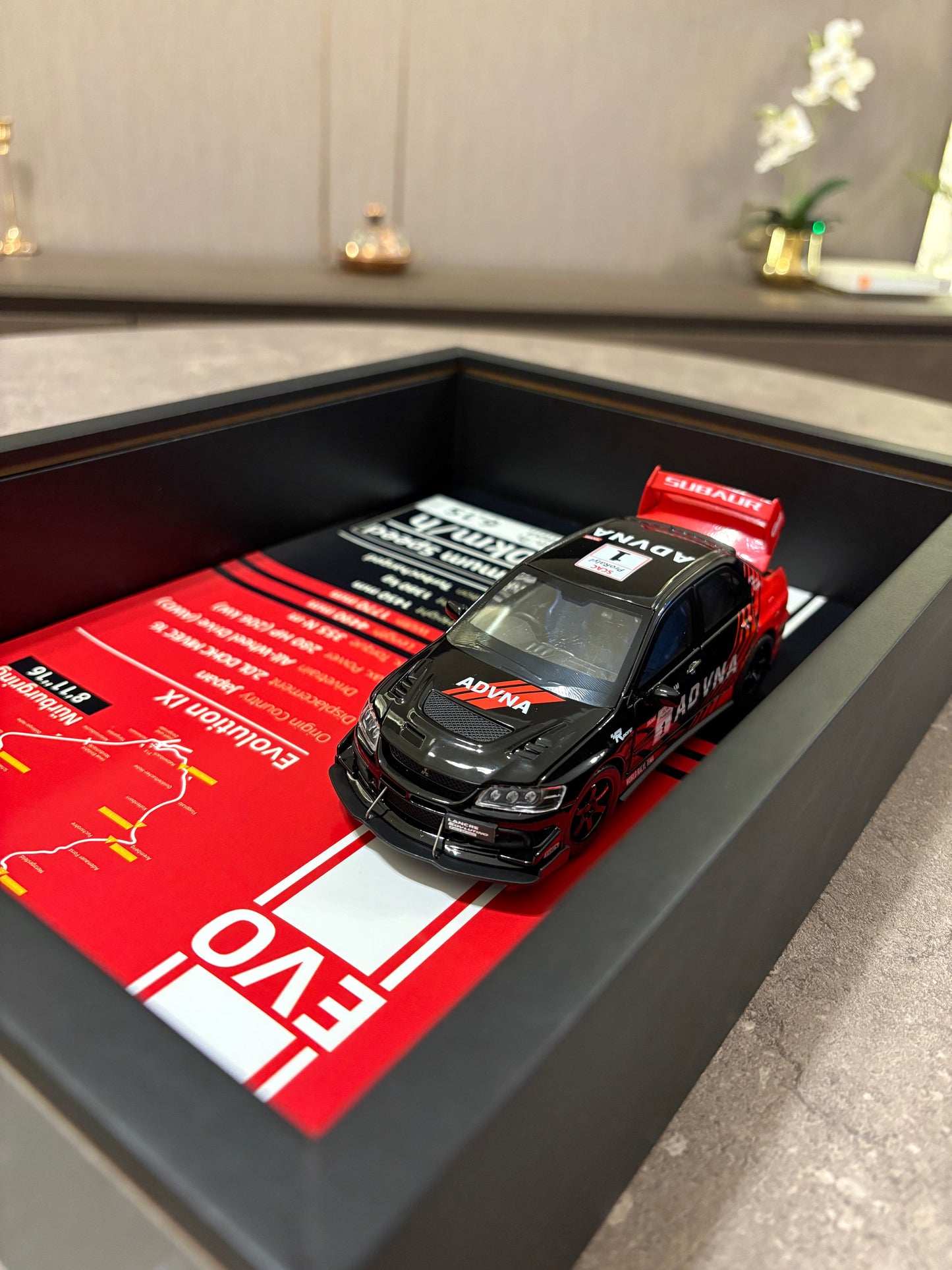 Mitsubishi Lancer Evolution IX – 3D Diecast Shadow Box Wall Art (JDM Legend Edition) – 32cm x 23cm - Close Up | Pinky Promise