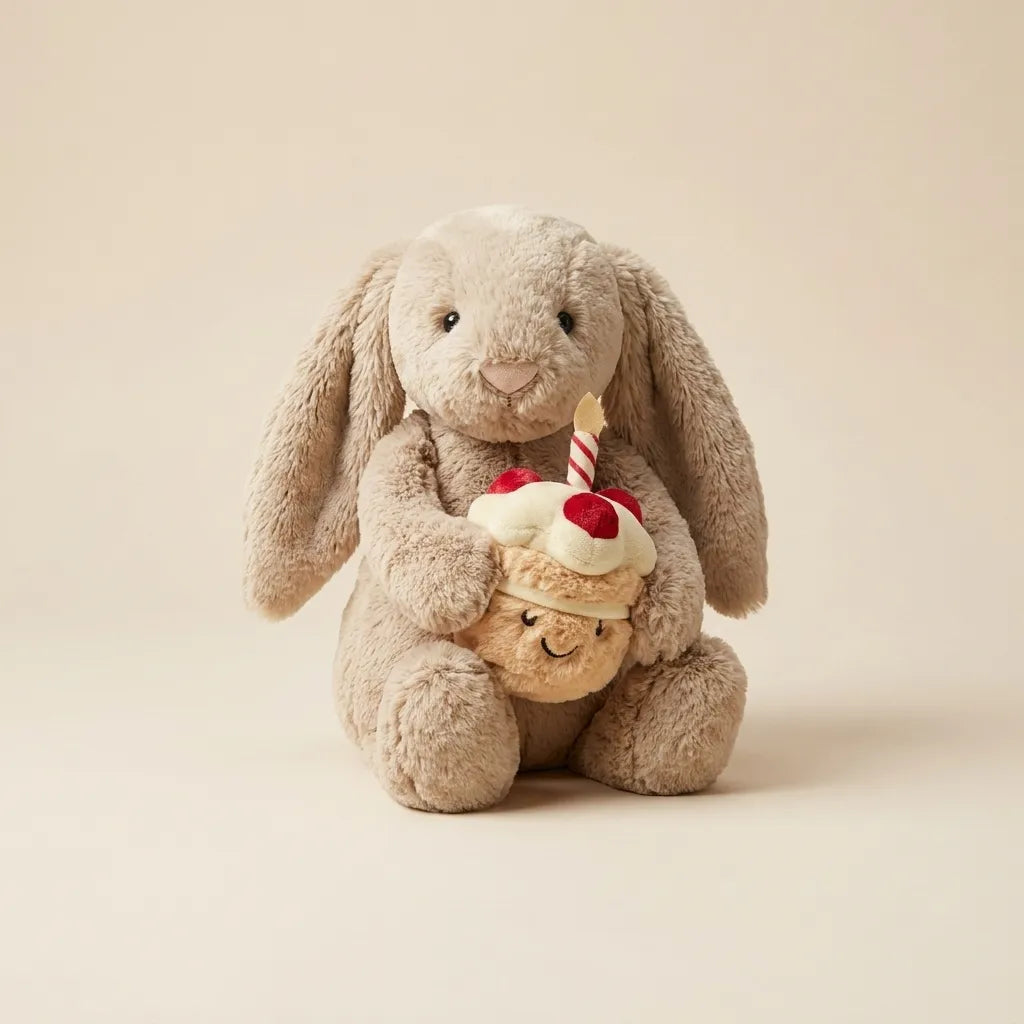 A plush bunny stuffed animal in light taupe-gray holding a small cupcake toy with cream frosting, a red cherry, and a striped candle, photographed on a warm beige studio background.