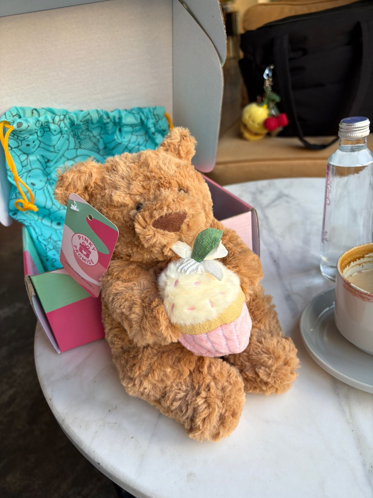 Sweetheart Brown Teddy Bear Plush with Pink Cupcake - 26 cm - Close Up | Pinky Promise
