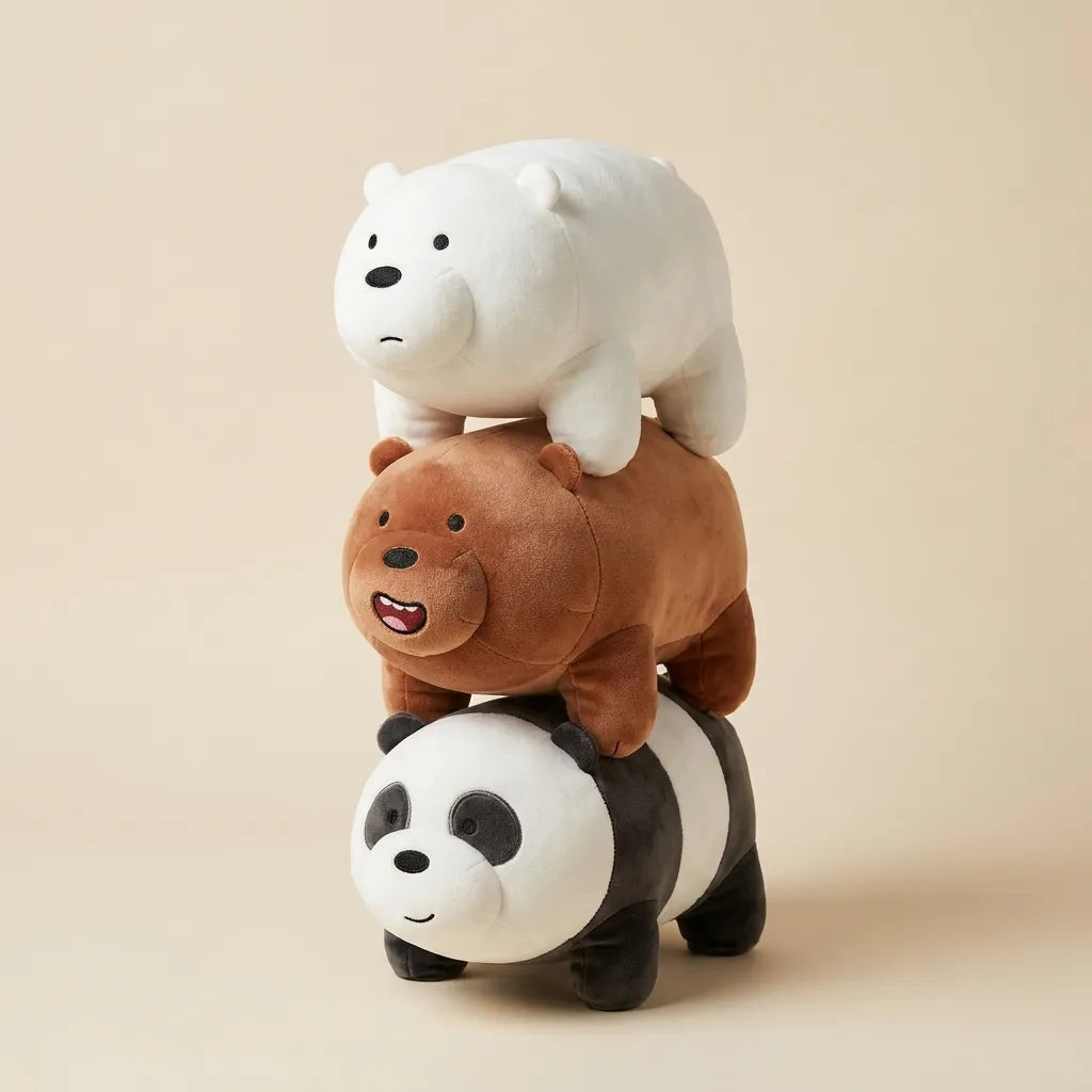 Three plush toys stacked on top of each other: a white polar bear on top, a brown grizzly bear in the middle, and a black-and-white panda at the bottom, photographed on a plain warm beige background.